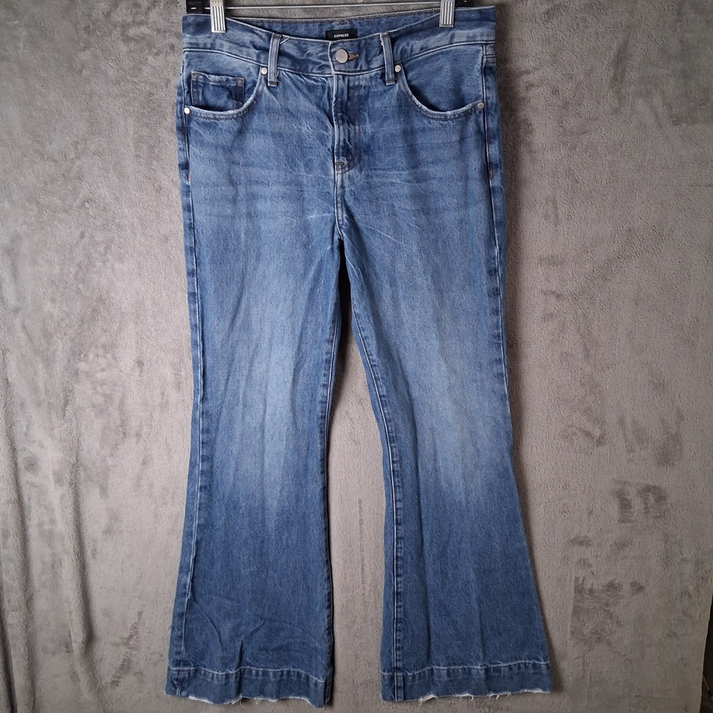 Express 70s Flare Mid Rise Jeans Blue Women Size 4R 007151711 Distressed Hem